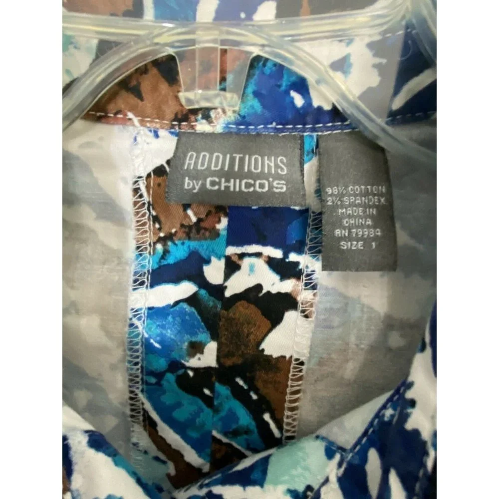 Chicos Additions Womens Shirt Size 1=M/8 Button Down Brown Blue Pockets Stretch - Picture 3 of 8